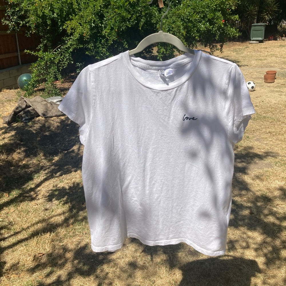 Women’s size large divided white shirt love